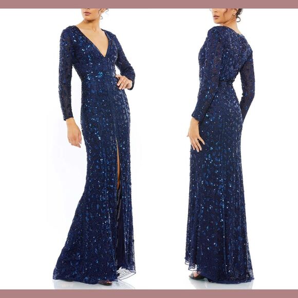 NWT Mac Duggal [ 12 ] Embellished Front Slit Long Sleeve Gown 5002 in Blue #J154 - Picture 2 of 16